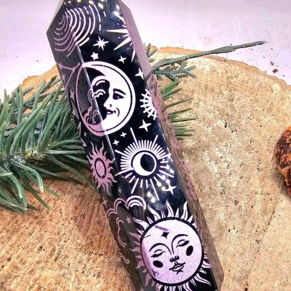 Nature Obsidian Engraved Purple Spiritual Symbols 4" Wand Point - Picture 4 of 10